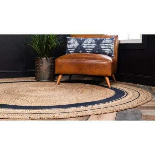 Vipanth Jute Rug Beige with Black Line Hand Braided Natural Jute Round Area Rug for Home Decor (8 Feet Round)