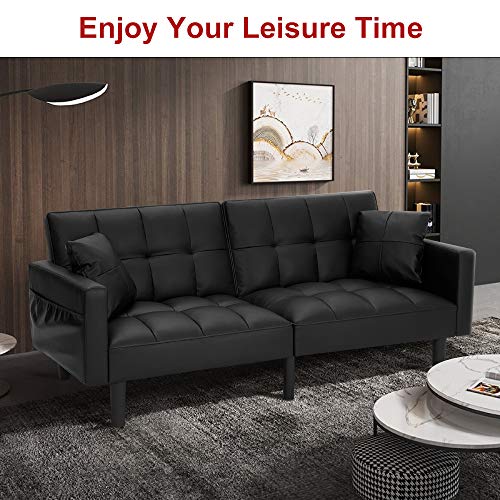 HOMHUM Convertible Leather Folding Couch Futon Sofa Bed Adjustable Back w/Armrest for Living Room, Black