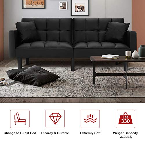 HOMHUM Convertible Leather Folding Couch Futon Sofa Bed Adjustable Back w/Armrest for Living Room, Black