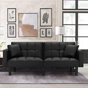 HOMHUM Convertible Leather Folding Couch Futon Sofa Bed Adjustable Back w/Armrest for Living Room, Black