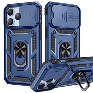 goton armor case for iphone 13 pro case with slide camera cover & kickstand, heavy duty military grade protection phone case, built-in 360° rotate ring stand, shockproof full body rugged case (blue)