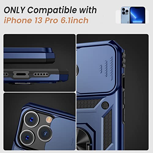 Goton Armor Case for iPhone 13 Pro Case with Slide Camera Cover & Kickstand, Heavy Duty Military Grade Protection Phone Case, Built-in 360° Rotate Ring Stand, Shockproof Full Body Rugged Case (Blue)
