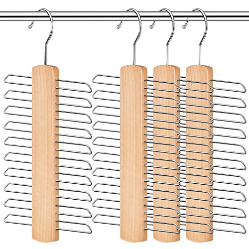 Yalikop Wooden Necktie and Belt Hanger 4 Pack Natural Finish Wood Center Organizer Tie Rack with Non-Slip Clips 20 Hooks 360 Degree Swivel Space Saving for Men Closet