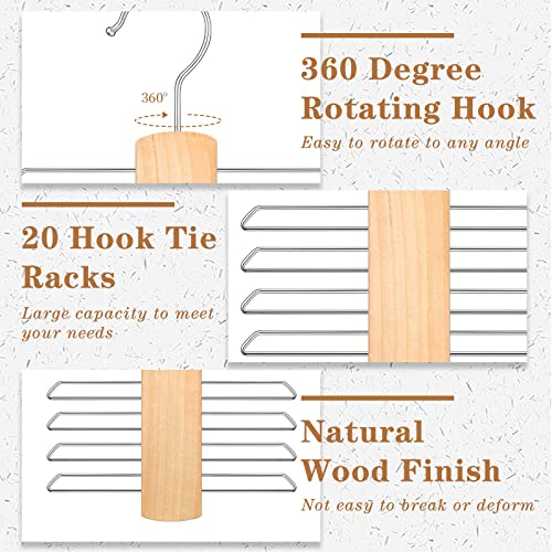 Yalikop Wooden Necktie and Belt Hanger 4 Pack Natural Finish Wood Center Organizer Tie Rack with Non-Slip Clips 20 Hooks 360 Degree Swivel Space Saving for Men Closet