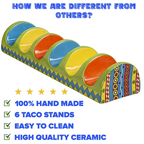 Ceramic Taco Holder Stand - Colorful Handmade Taco Stand with 6 Dividers - Taco Shell Holder for Soft or Hard Taco Shells for Taco Tuesday, 14 Inches Long by 4 Inches Wide