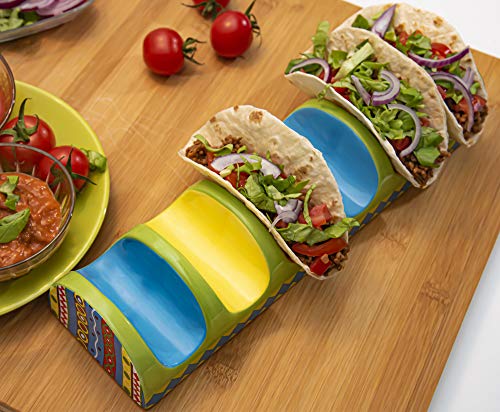 Ceramic Taco Holder Stand - Colorful Handmade Taco Stand with 6 Dividers - Taco Shell Holder for Soft or Hard Taco Shells for Taco Tuesday, 14 Inches Long by 4 Inches Wide