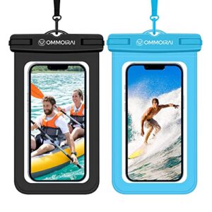 ommoirai lanyard waterproof phone pouch for beach, universal under water proof case for iphone 13 12 11 pro max xs xr x se 8 7 6 6s samsung galaxy s9 s7 j7, ipx8 cell phone dry bag (black&blue) 2 pack