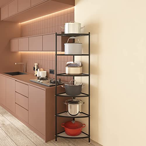 E&F Building Kitchen Corner Shelf, Corner Pot Rack Standing 6-Tier Adjustable Black, Large Kitchen Corner Rack for Pots and Pans Organizer 13.58"x13.58"x66.14"