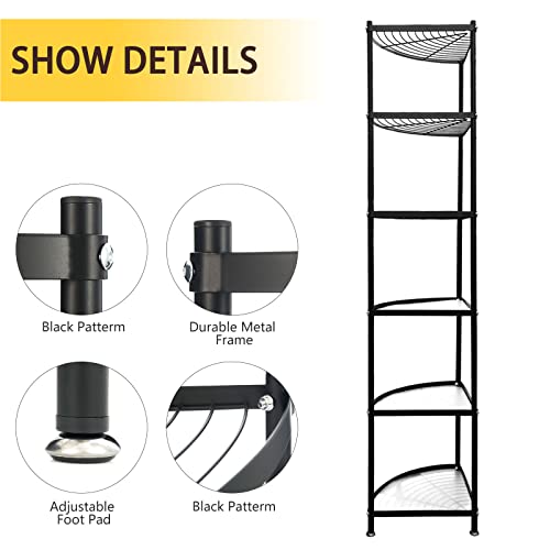 E&F Building Kitchen Corner Shelf, Corner Pot Rack Standing 6-Tier Adjustable Black, Large Kitchen Corner Rack for Pots and Pans Organizer 13.58"x13.58"x66.14"