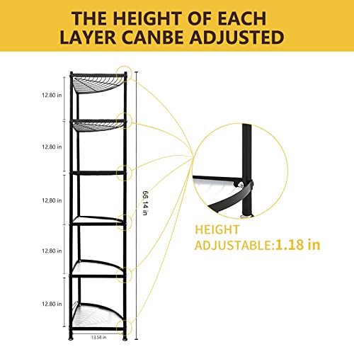 E&F Building Kitchen Corner Shelf, Corner Pot Rack Standing 6-Tier Adjustable Black, Large Kitchen Corner Rack for Pots and Pans Organizer 13.58"x13.58"x66.14"