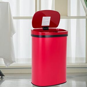 trash can 50 l large capacity garbage can with lid 13 gallon touchless stainless steel rubbish can for kitchen bedroom (red)