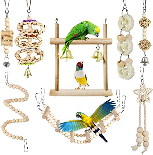 8 Pcs Bird Toy Parrot Swing Chewing Toys- Hanging Wooden Swing Chewing Toy Bells, Ladder Swing for Small Parrots, Macaws, Parakeets, Conures, Cockatiels, Love Birds (011)