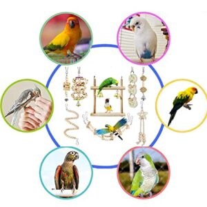 8 Pcs Bird Toy Parrot Swing Chewing Toys- Hanging Wooden Swing Chewing Toy Bells, Ladder Swing for Small Parrots, Macaws, Parakeets, Conures, Cockatiels, Love Birds (011)