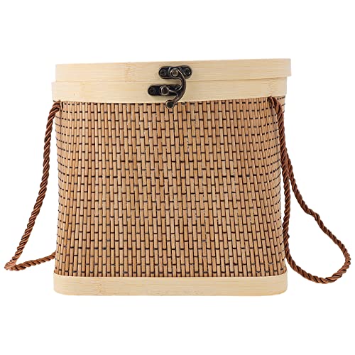 Angoily Wicker Baskets Wicker Basket Rattan Handwoven Basket with Handle and Lid Portable Rattan Egg Container Wooden Woven Storage Basket Organizer Bins Basket