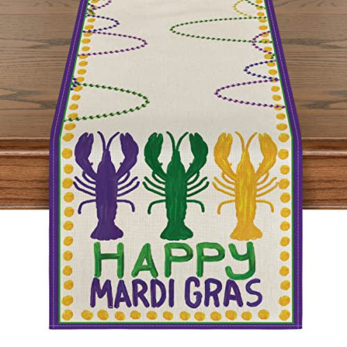 Artoid Mode Beads Happy Mardi Gras Carnival Table Runner, Seasonal Holiday Kitchen Dining Table Decoration for Indoor Outdoor Home Party Decor 13 x 72 Inch