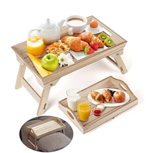 trspcwr 2 pack bed tray table breakfast trays with foldable legs, wood food dinner serving tray for bedroom, hospital, home, used as laptop desk snack tray