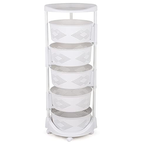 5 Layer Rotating Multi-Layer Kitchen Storage Shelf, Fruit and Vegetable Storage Basket, Kitchen Storage Rack Floor-Standing Household Storage Rack Trolley with Movable Wheels for Kitchen