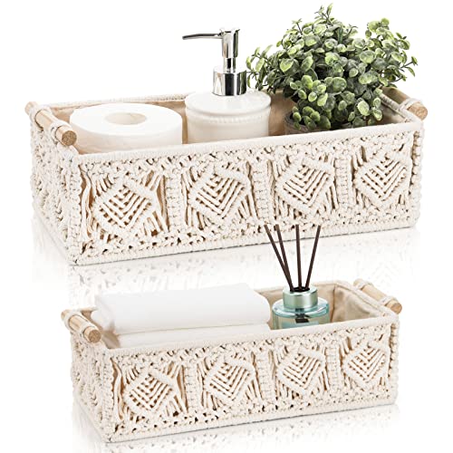 ZOOFOX Set of 3 Macrame Storage Basket, Handmade Woven Boho Basket with Cloth Liner and Wooden Handles, Decorative Toilet Tank Shelf Cabinet Organizer for Bedroom Living Room Nursery