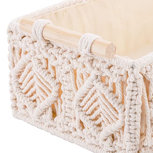 ZOOFOX Set of 3 Macrame Storage Basket, Handmade Woven Boho Basket with Cloth Liner and Wooden Handles, Decorative Toilet Tank Shelf Cabinet Organizer for Bedroom Living Room Nursery