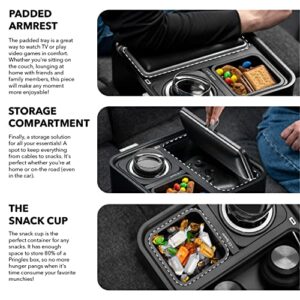 CouchConsole Original Tray - Drinks & Snacks Sofa Caddy with Armrest, Table with Phone Stand- TV Remote Control Storage and Organizer - for Living Rooms, RV, and Cars, Black/Gray