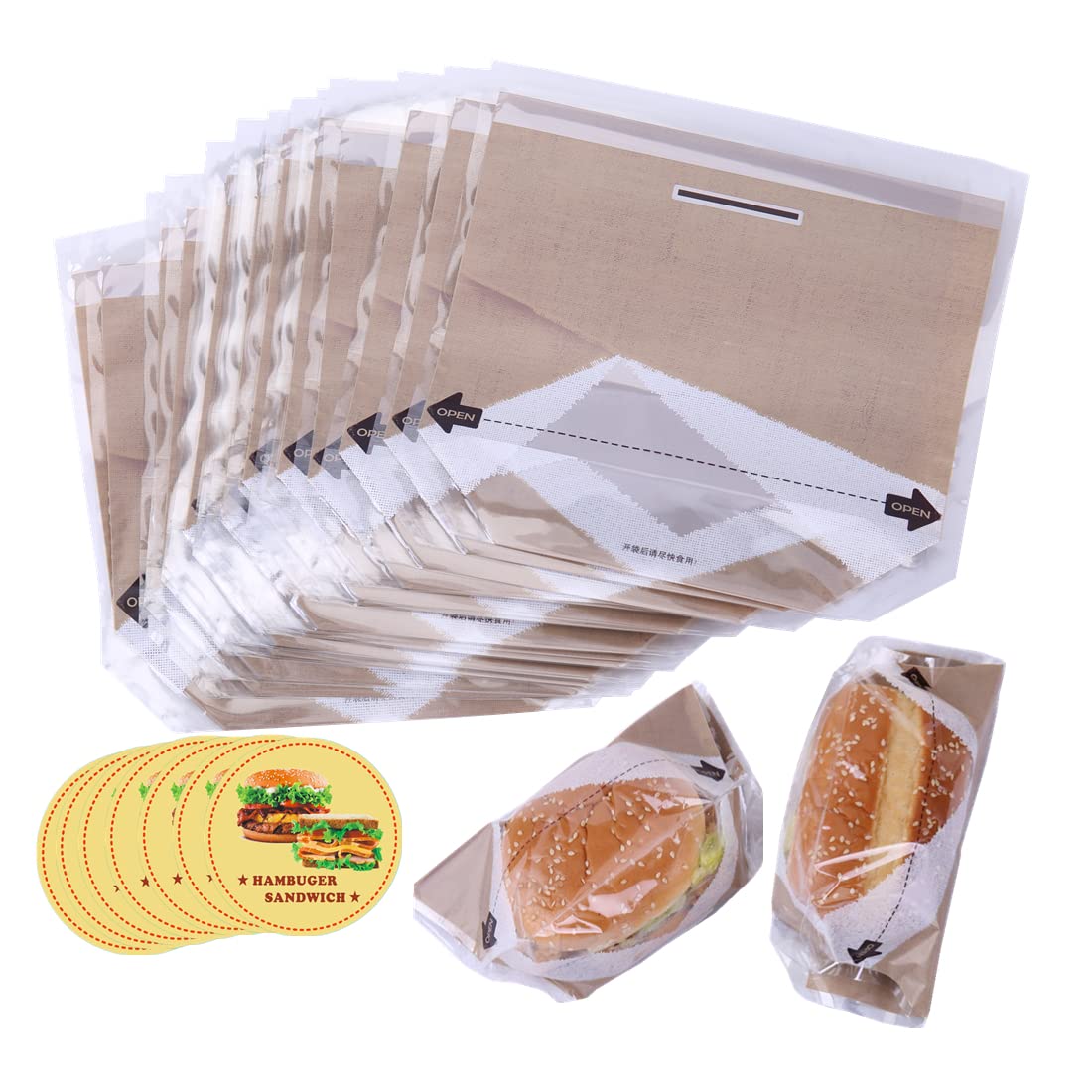 Disposable Plastic To Go Hamburger bag &Stickers,Easy Tear Hamburgers Packing(100pcs),Plastic Burger Containers to Carry Cake Dessert Sandwich,Takeaway Home Use and Party Bake Sale