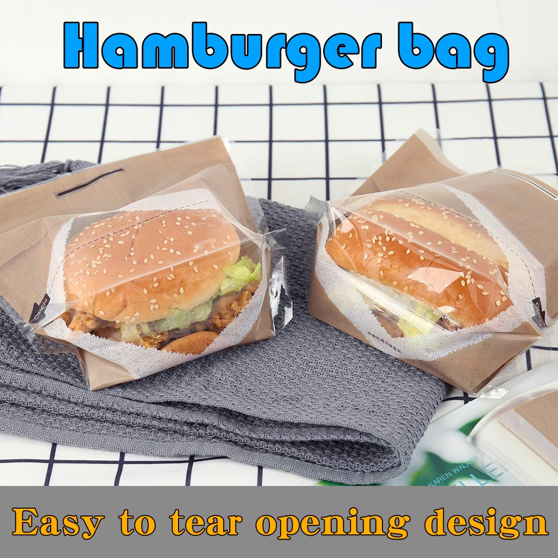 Disposable Plastic To Go Hamburger bag &Stickers,Easy Tear Hamburgers Packing(100pcs),Plastic Burger Containers to Carry Cake Dessert Sandwich,Takeaway Home Use and Party Bake Sale