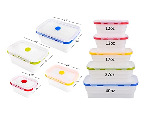 ECOBERI Collapsible Food Storage Containers, Airtight Snap-Top Lids, Microwave, Dishwasher Safe, BPA Free Silicone, Set of 5