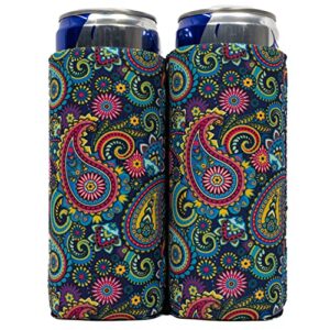 qualityperfection slim can coolers sleeves (2 pack) insulated, beer/energy drink premium neoprene 4mm thickness thermocoolers for 12 oz skinny beverage can covers (old paisley)