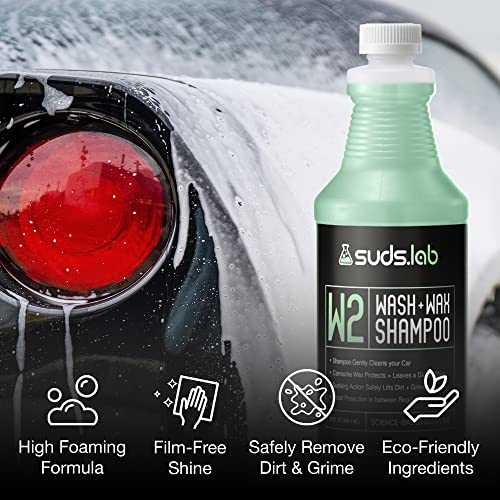 Suds Lab W2 Car Wash plus Wax Shampoo, Gentle Auto Shampoo that Cleans, Restores Shine, and Protects - 32 oz