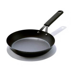 oxo obsidian pre-seasoned carbon steel, 10" frying pan skillet with removable silicone handle holder, induction, oven safe, black