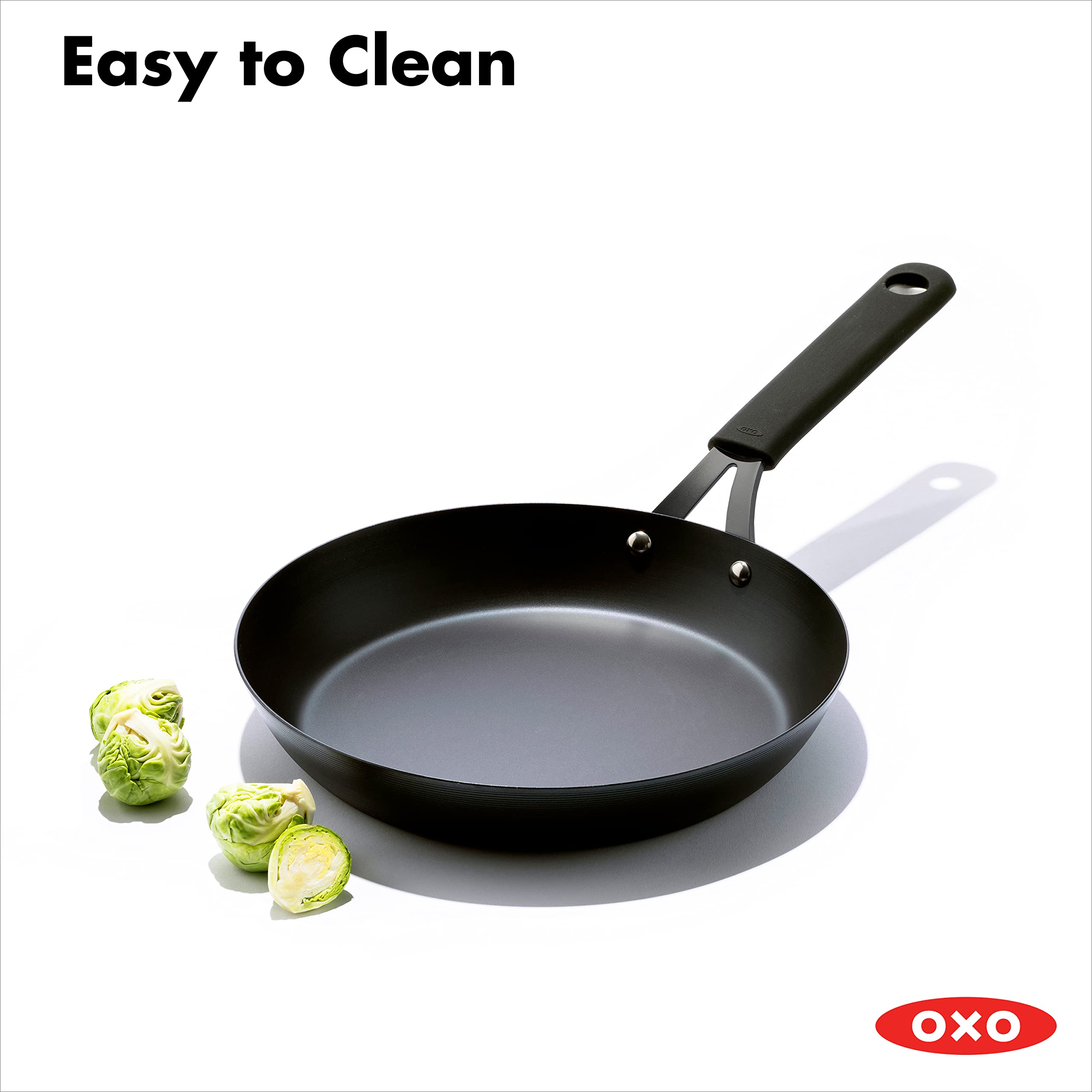 OXO Obsidian Pre-Seasoned Carbon Steel, 10" Frying Pan Skillet with Removable Silicone Handle Holder, Induction, Oven Safe, Black