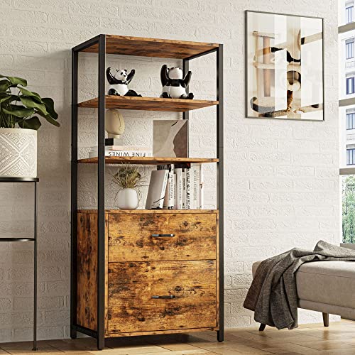 IRONCK Bookcase and Bookshelf 59.8 in, with Drawers File Cabinet, 4 Tier Freestanding Storage Home Office Cabinet Shelf Organizer, Rustic Home Decor, Industrial Vintage Brown