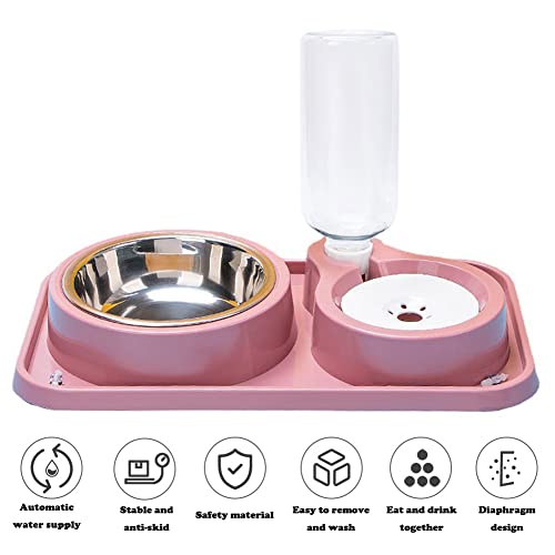 Double Dog Cat Bowls, 2 in1 Pet Water and Food Bowl Set with Automatic Gravity Water Dispenser Bottle Detachable Stainless Steel Bowl No-Spill for Cats and Dogs Puppy Kitten Rabbit