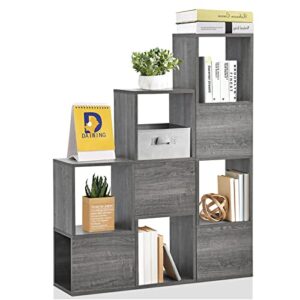 tangkula wooden cube bookcase, freely combined storage bookshelf with 9 lattices, modern diy irregular bookcase for living room, stepped bookcase and bookshelves for home office decor (grey)