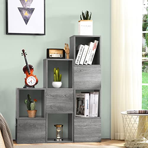Tangkula Wooden Cube Bookcase, Freely Combined Storage Bookshelf with 9 lattices, Modern DIY Irregular Bookcase for Living Room, Stepped Bookcase and Bookshelves for Home Office Decor (Grey)