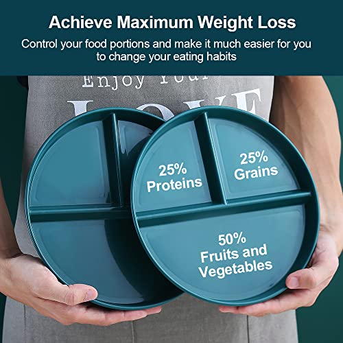 YBOBK HOME Portion Control Plate For Adults Weight Loss, Round Bariatric Portion Control Plate, Reusable Plastic Divided Plate With 3 Compartments, Dishwasher & Microwave Safe (Green 2 Pcs)