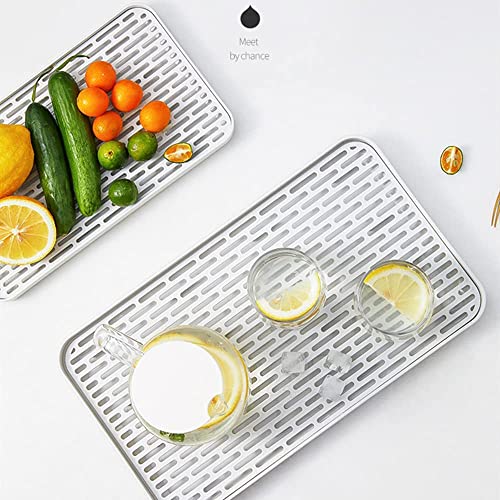 Bonilve Serving Tray & Dish Rack & Flat Drain Board, Multi-Use Tray for Serving, Fruit Drain, Cup Drain, Vegetable Drain, White & Grey, Perfect for Coffee Table, Kitchen, Outdoors (6.69W x 12.2L)