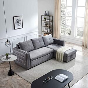 aty sectional sofa with pull out bed, reversible l-shape couch with storage chaise and sleeper, save space for living room office, 91" grey