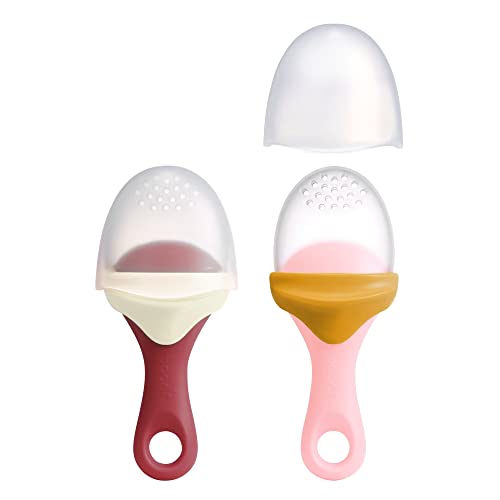 Boon PULP Silicone Baby Feeder — 2 Count — Orange/Pink and White/Mauve — Soft Silicone Vegetable and Fruit Feeders — Teething Baby Essentials