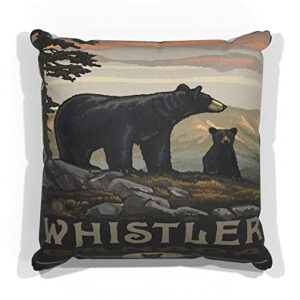 whistler canada black bear family canvas throw pillow for couch or sofa at home & office from travel artwork by artist paul a. lanquist 18" x 18".