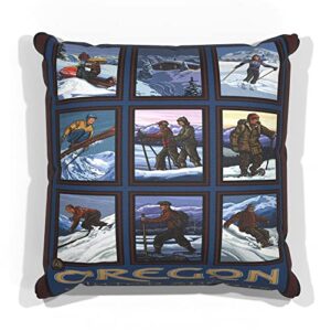 Oregon Winter Sports Collage Canvas Throw Pillow for Couch or Sofa at Home & Office from Travel Artwork by Artist Paul A. Lanquist 18" x 18".