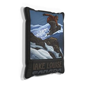 Lake Louise Canada Snowboarder Jumping Canvas Throw Pillow for Couch or Sofa at Home & Office from Travel Artwork by Artist Paul A. Lanquist 13" x 19".