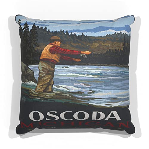 Oscoda Michigan Fly Fisherman Stream Hills Canvas Throw Pillow for Couch or Sofa at Home & Office from Travel Artwork by Artist Paul A. Lanquist 18" x 18".