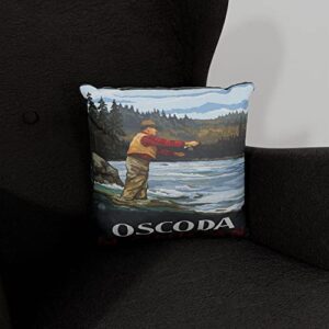 Oscoda Michigan Fly Fisherman Stream Hills Canvas Throw Pillow for Couch or Sofa at Home & Office from Travel Artwork by Artist Paul A. Lanquist 18" x 18".