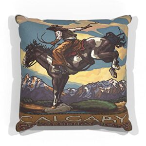 calgary stampede bucking horse cowboy canvas throw pillow for couch or sofa at home & office from travel artwork by artist paul a. lanquist 18" x 18".