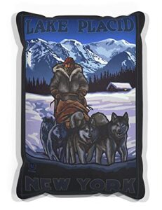 lake placid new york sled dogs canvas throw pillow for couch or sofa at home & office from travel artwork by artist paul a. lanquist 13" x 19".