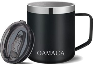 oamaca 12oz coffee mug with lid, vacuum insulated travel tumbler with handle,double wall stainless steel powder coated mug cup,spill-proof outdoor thermos cup for hot & cold drinks,black