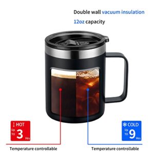 Oamaca 12OZ Coffee Mug with Lid, Vacuum Insulated Travel Tumbler with Handle,Double Wall Stainless Steel Powder Coated Mug Cup,Spill-proof Outdoor Thermos Cup for Hot & Cold Drinks,Black