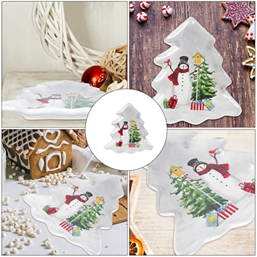 Angoily Christmas Tree Shaped Platter Ceramic Christmas Serving Platter Tray with Xmas Tree and Snowman Printed for Appetizer, Food Snacks, Fruit, Dessert for Xmas Party Table Decor, 26. 5x23. 2cm