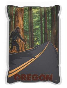 bigfoot highway crossing oregon canvas throw pillow for couch or sofa at home & office from travel artwork by artist paul a. lanquist 13" x 19".